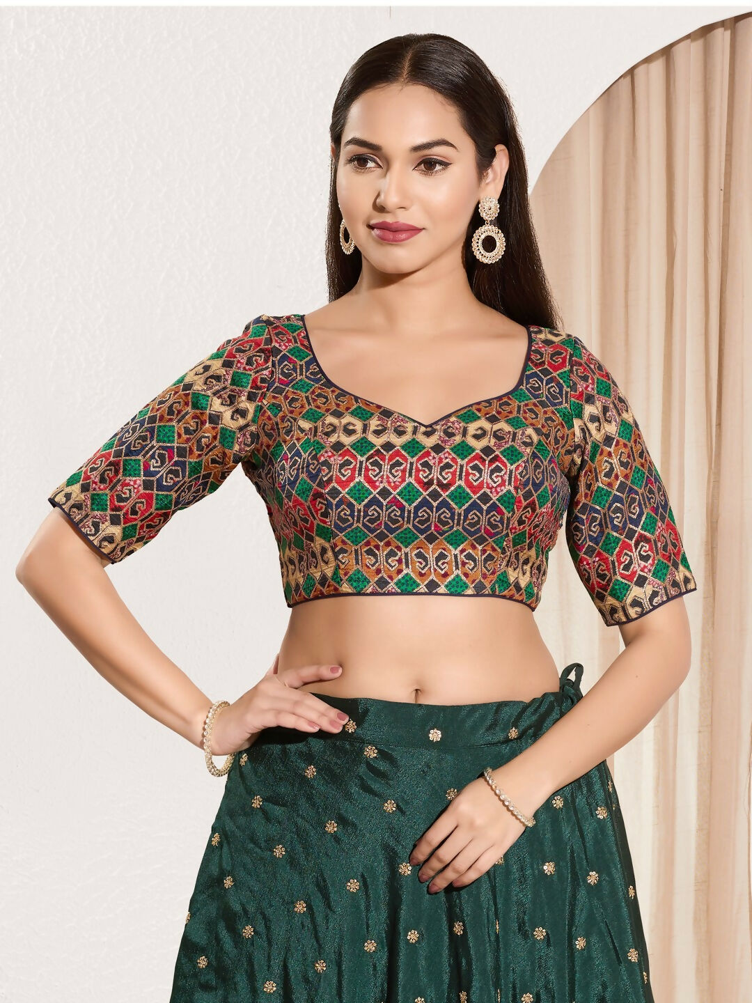 Joban Fashion Navy Blue Brocade Padded Blouse With Sweetheart Neck Elbow Sleeves - Distacart