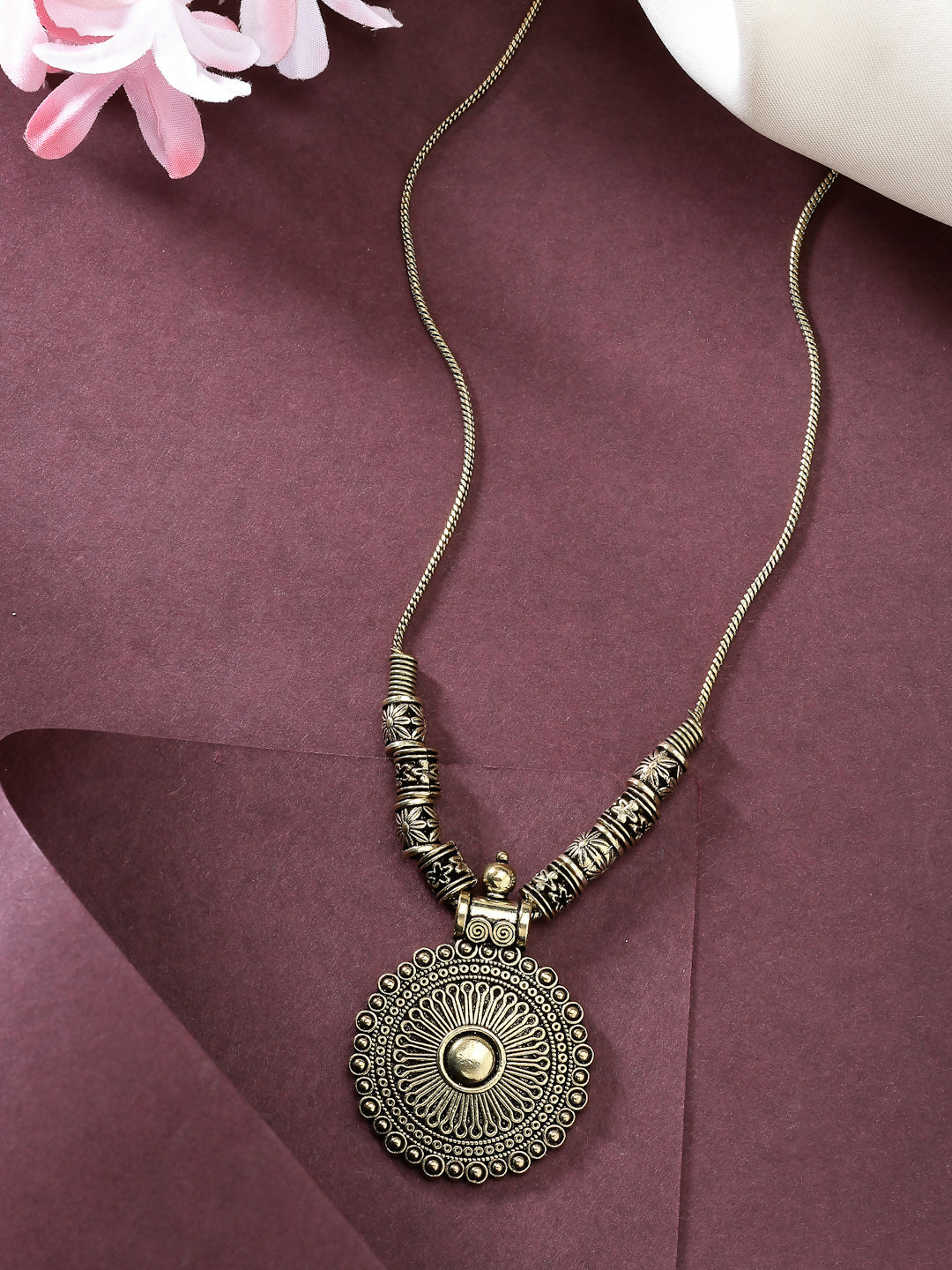 NVR Women's Gold-Polished Circular Shape Pendant with Chain