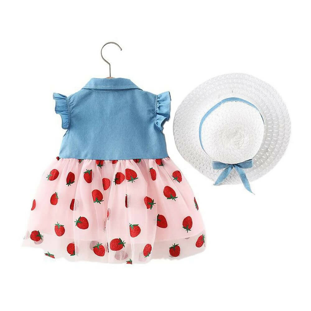 Bold N Elegant Cap Sleeve Denim Embroidered Midi Party Dress Frock with Hat Dress - Strawberry Pink