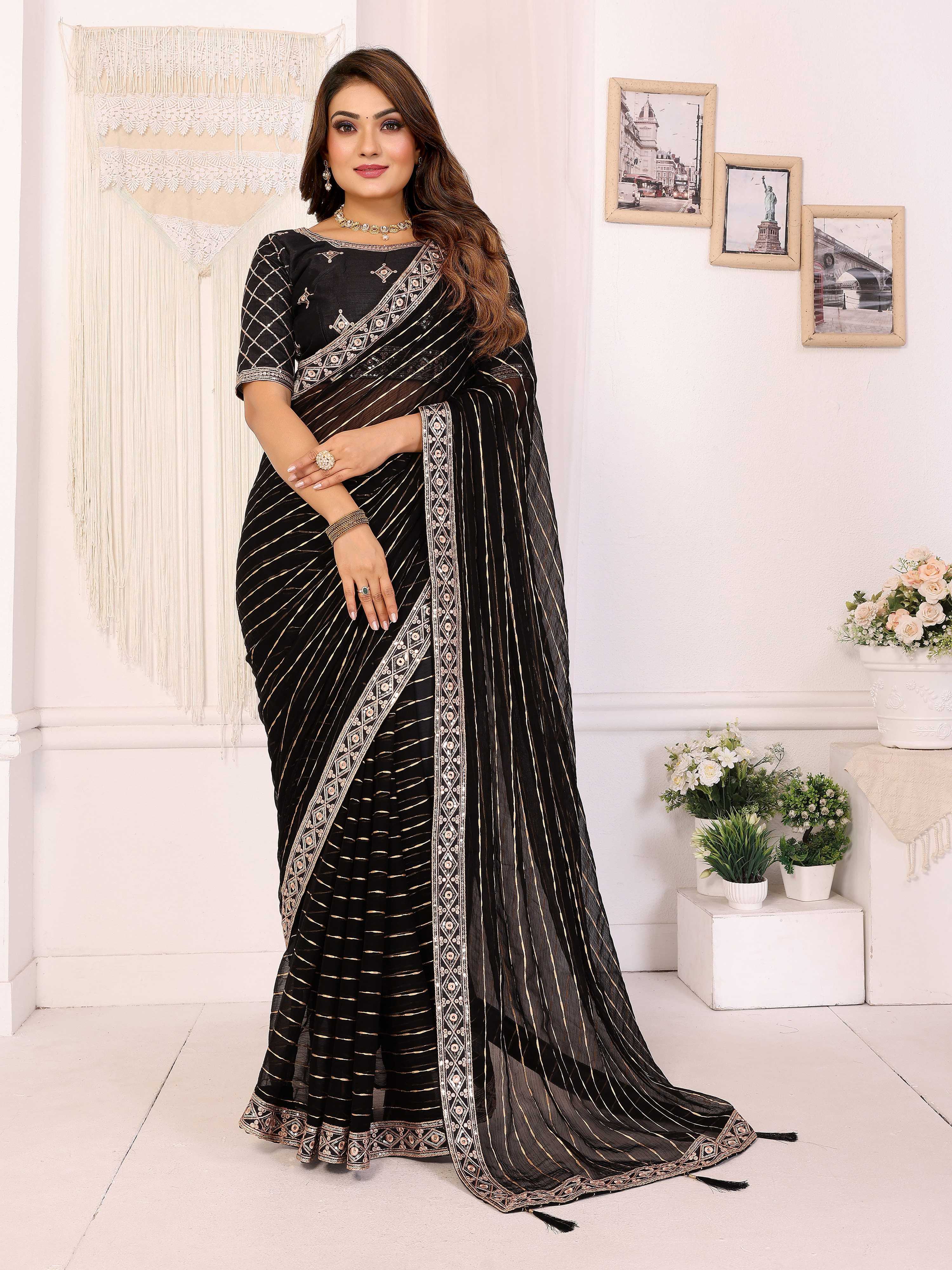 Vedant Vastram Georgette Embroidered & Sequin work Bollywood Fancy Saree - Black