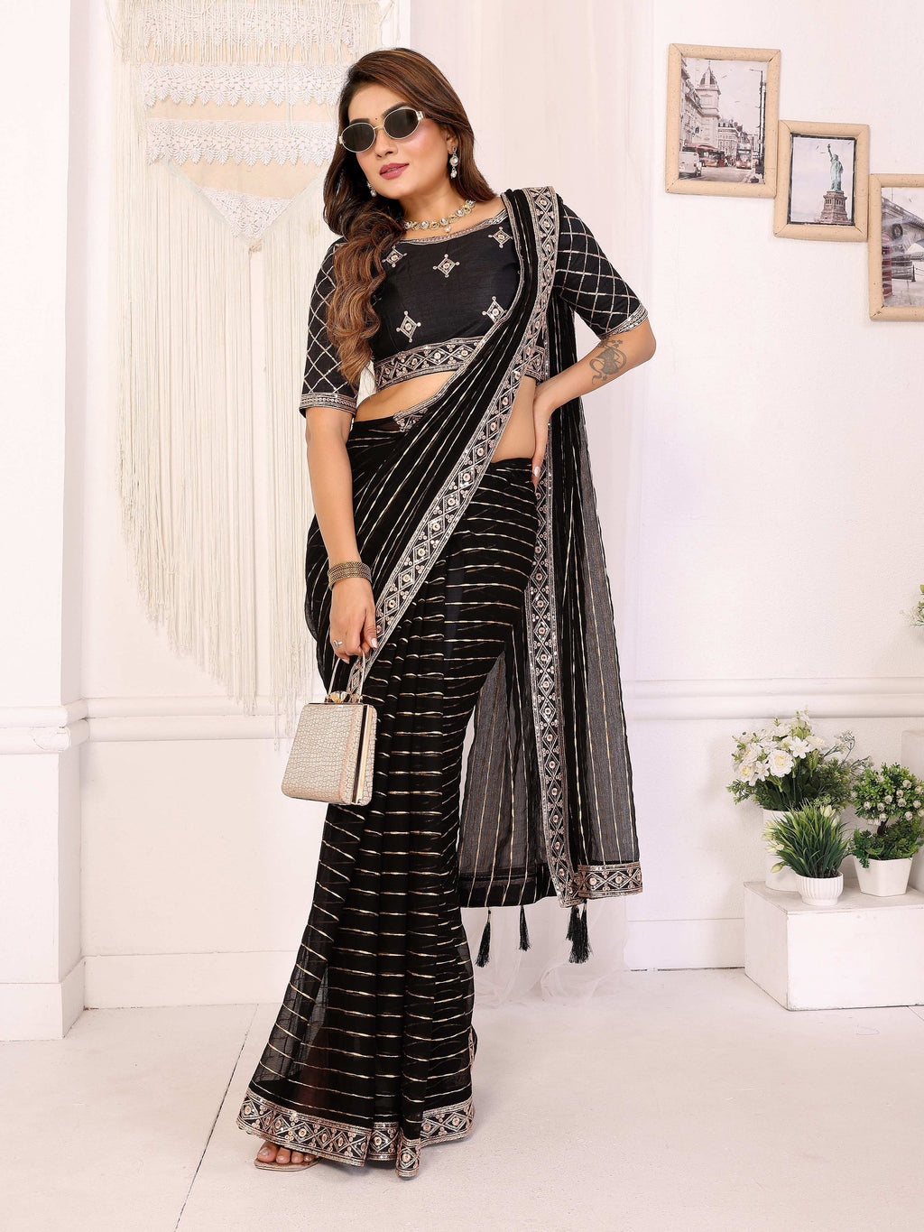 Vedant Vastram Georgette Embroidered & Sequin work Bollywood Fancy Saree - Black