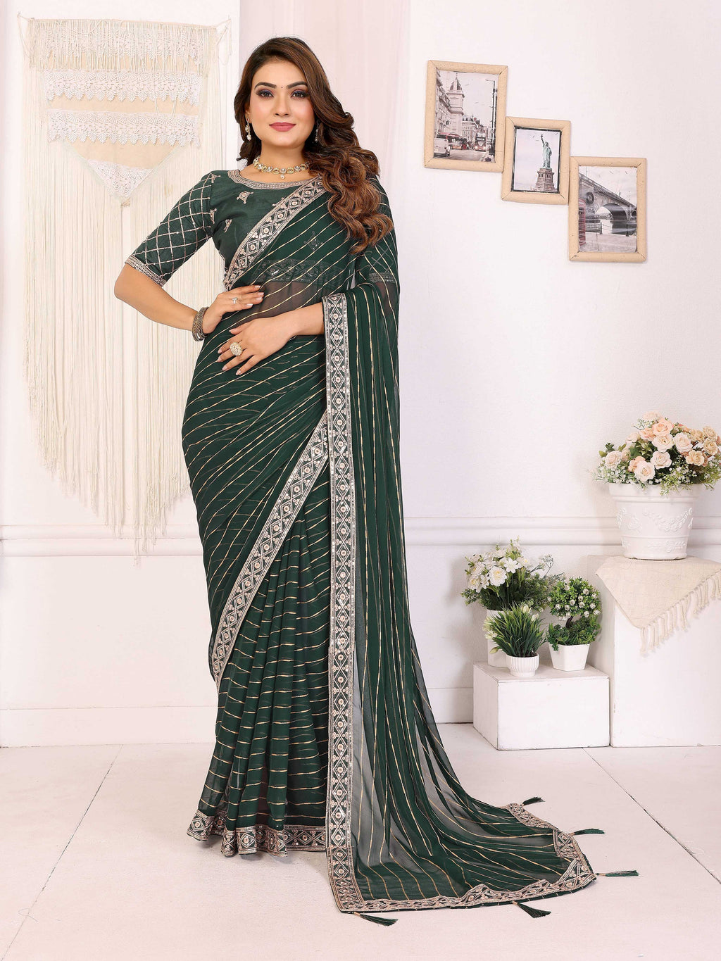 Vedant Vastram Georgette Embroidered & Sequin work Bollywood Fancy Saree - Green