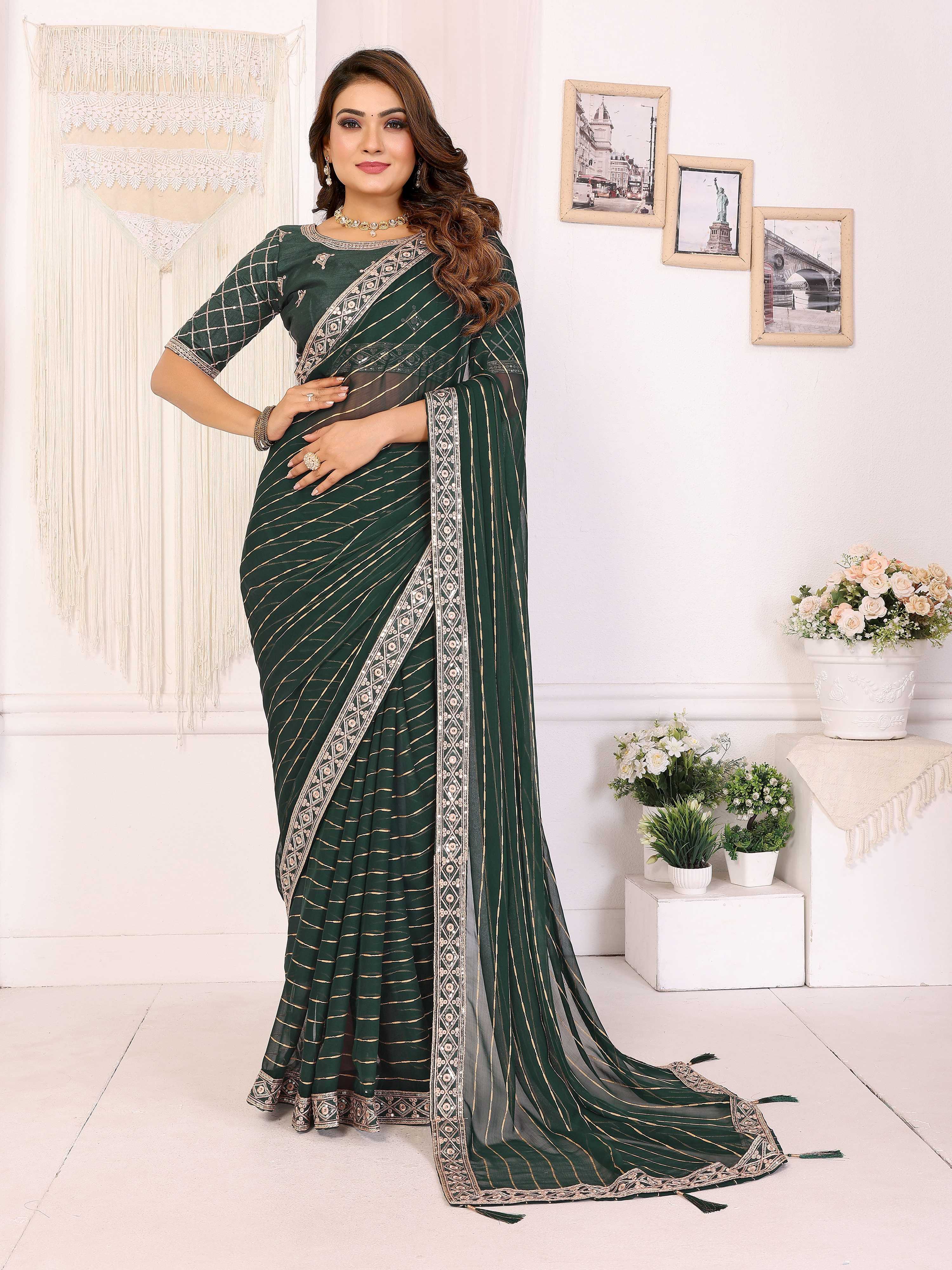 Vedant Vastram Georgette Embroidered & Sequin work Bollywood Fancy Saree - Green
