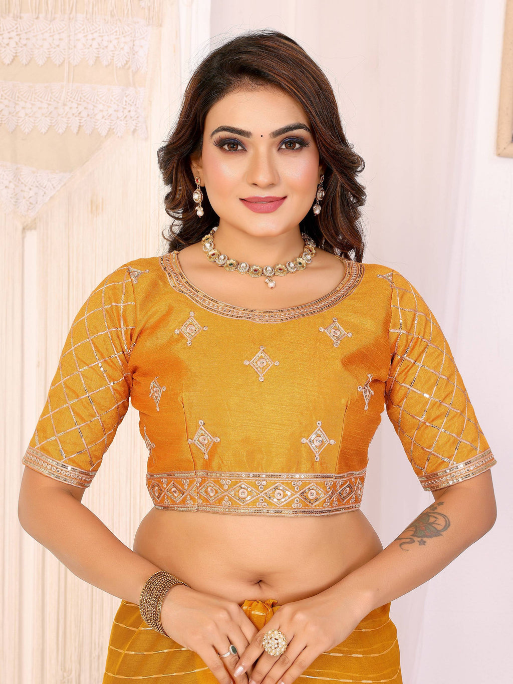 Vedant Vastram Georgette Embroidered & Sequin work Bollywood Fancy Saree - Mustard