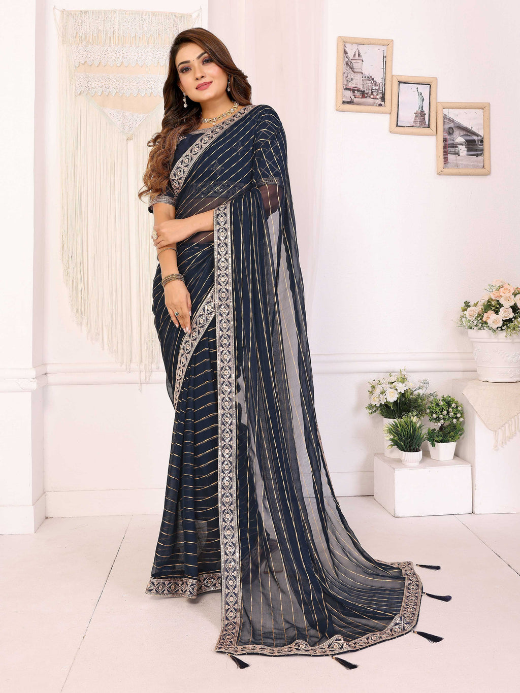 Vedant Vastram Georgette Embroidered & Sequin work Bollywood Fancy Saree - Navy Blue