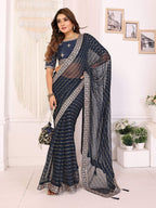Vedant Vastram Georgette Embroidered & Sequin work Bollywood Fancy Saree - Navy Blue