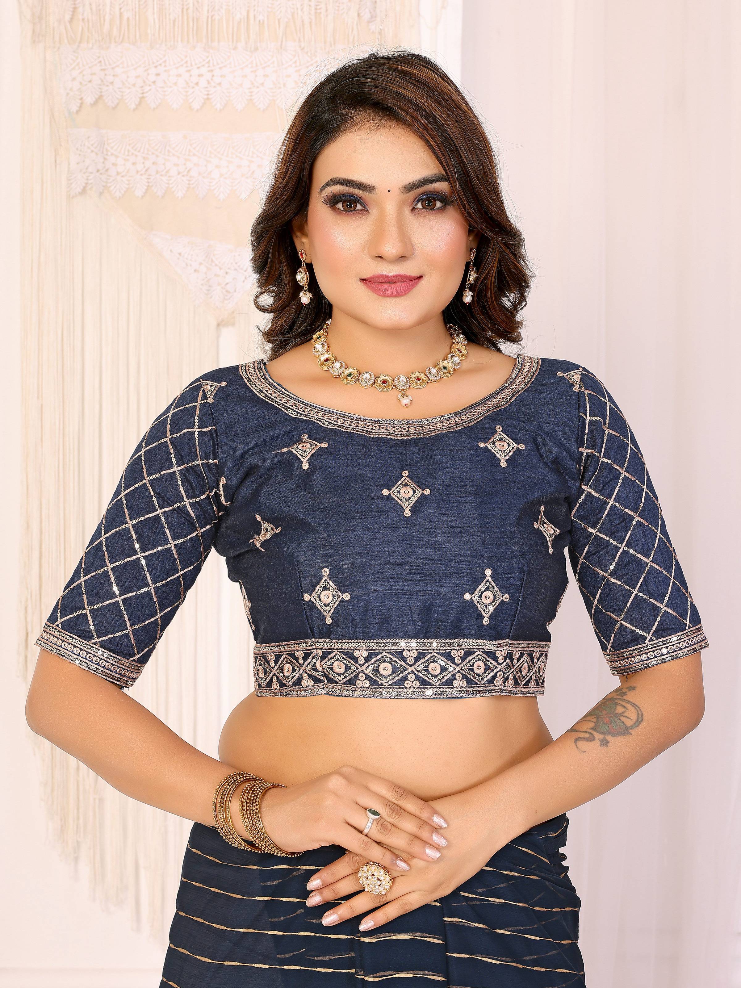 Vedant Vastram Georgette Embroidered & Sequin work Bollywood Fancy Saree - Navy Blue