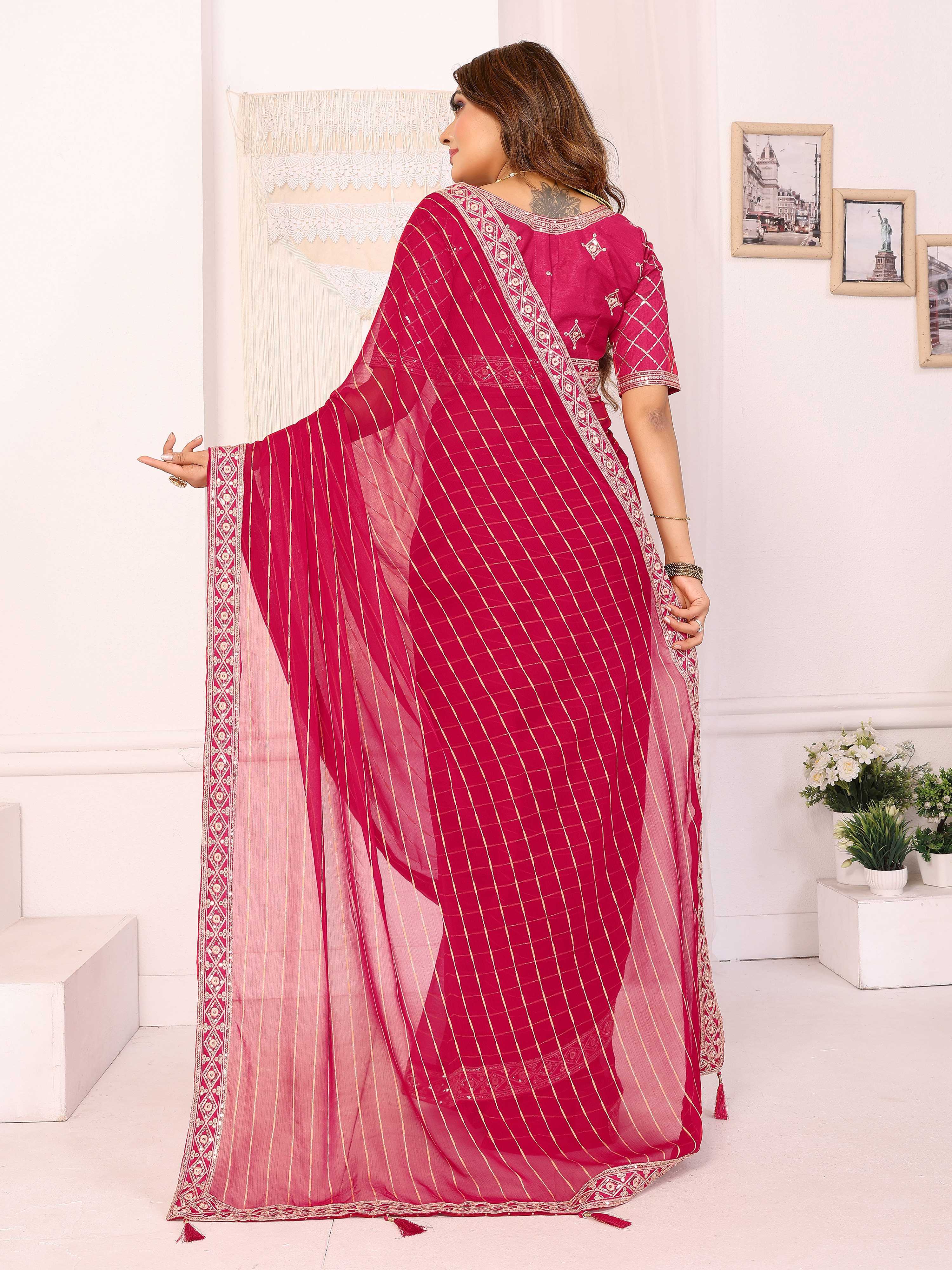 Vedant Vastram Georgette Embroidered & Sequin work Bollywood Fancy Saree - Pink