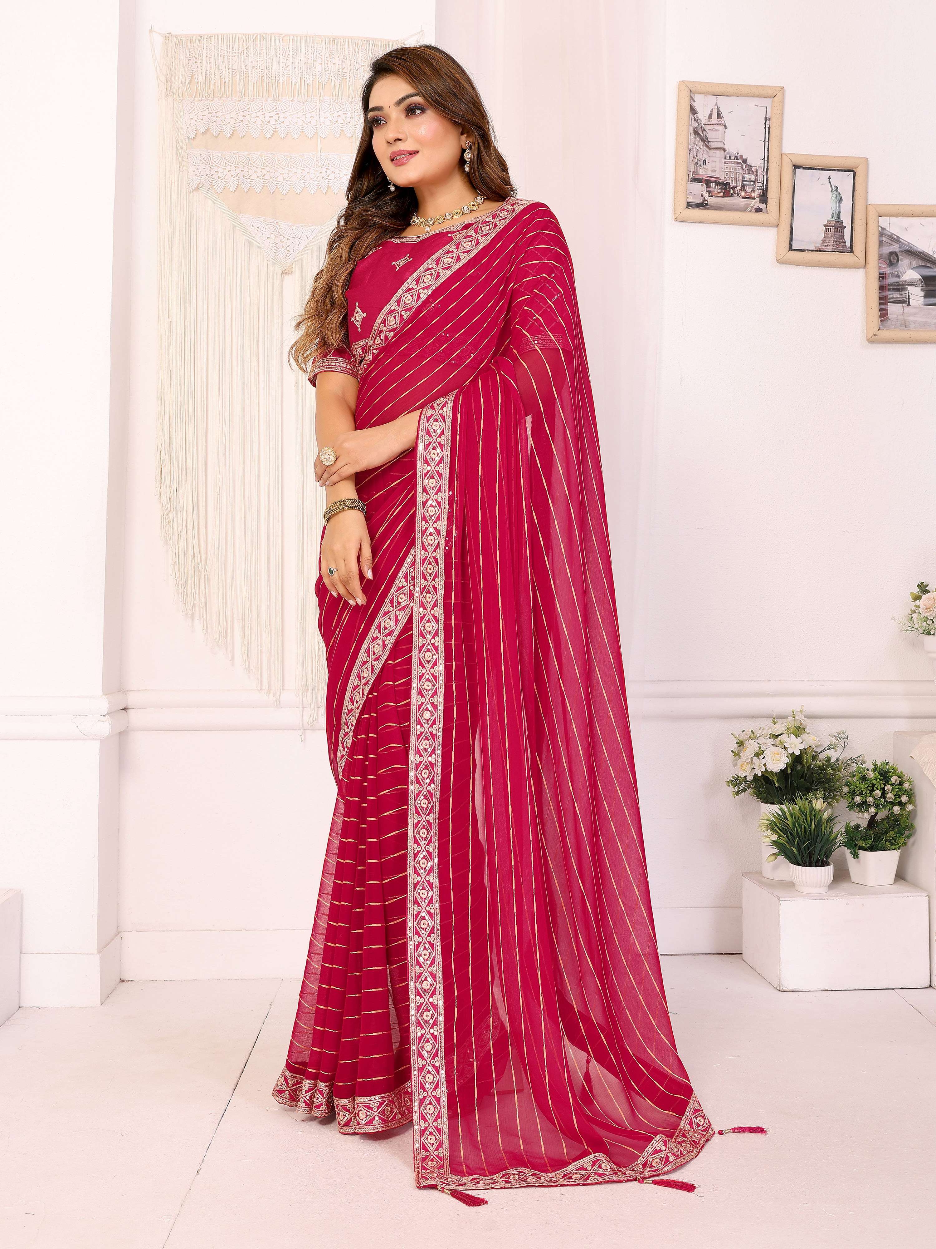 Vedant Vastram Georgette Embroidered & Sequin work Bollywood Fancy Saree - Pink