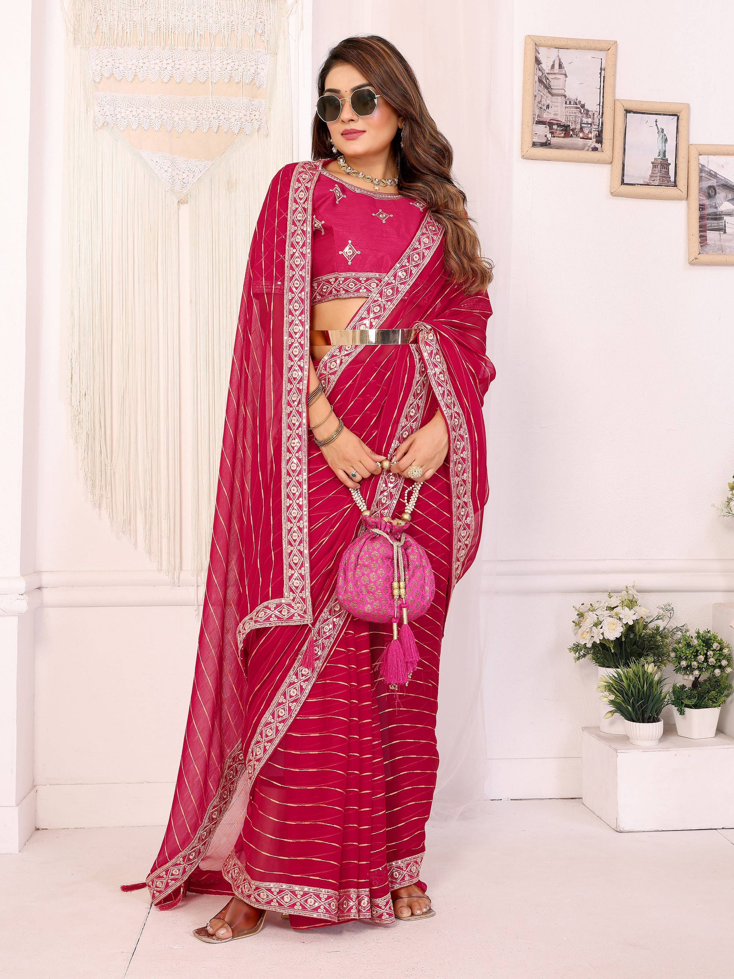 Vedant Vastram Georgette Embroidered & Sequin work Bollywood Fancy Saree - Pink