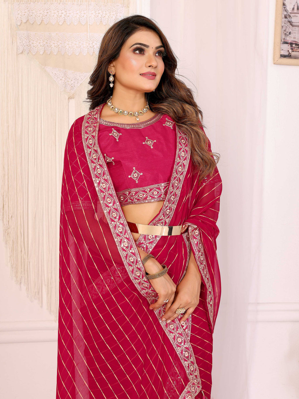 Vedant Vastram Georgette Embroidered & Sequin work Bollywood Fancy Saree - Pink