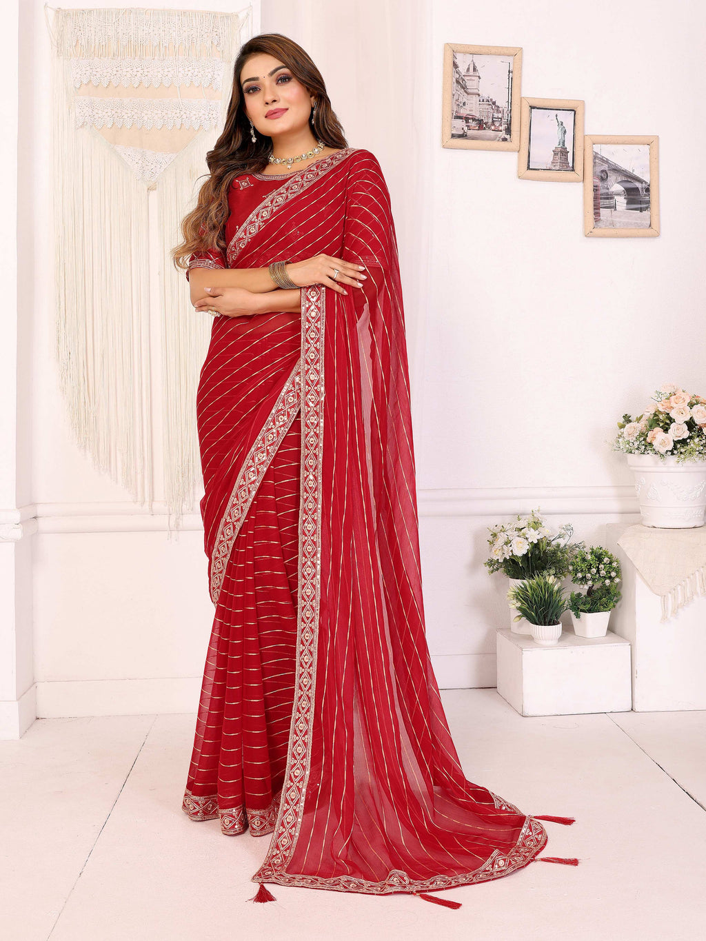 Vedant Vastram Georgette Embroidered & Sequin work Bollywood Fancy Saree - Red