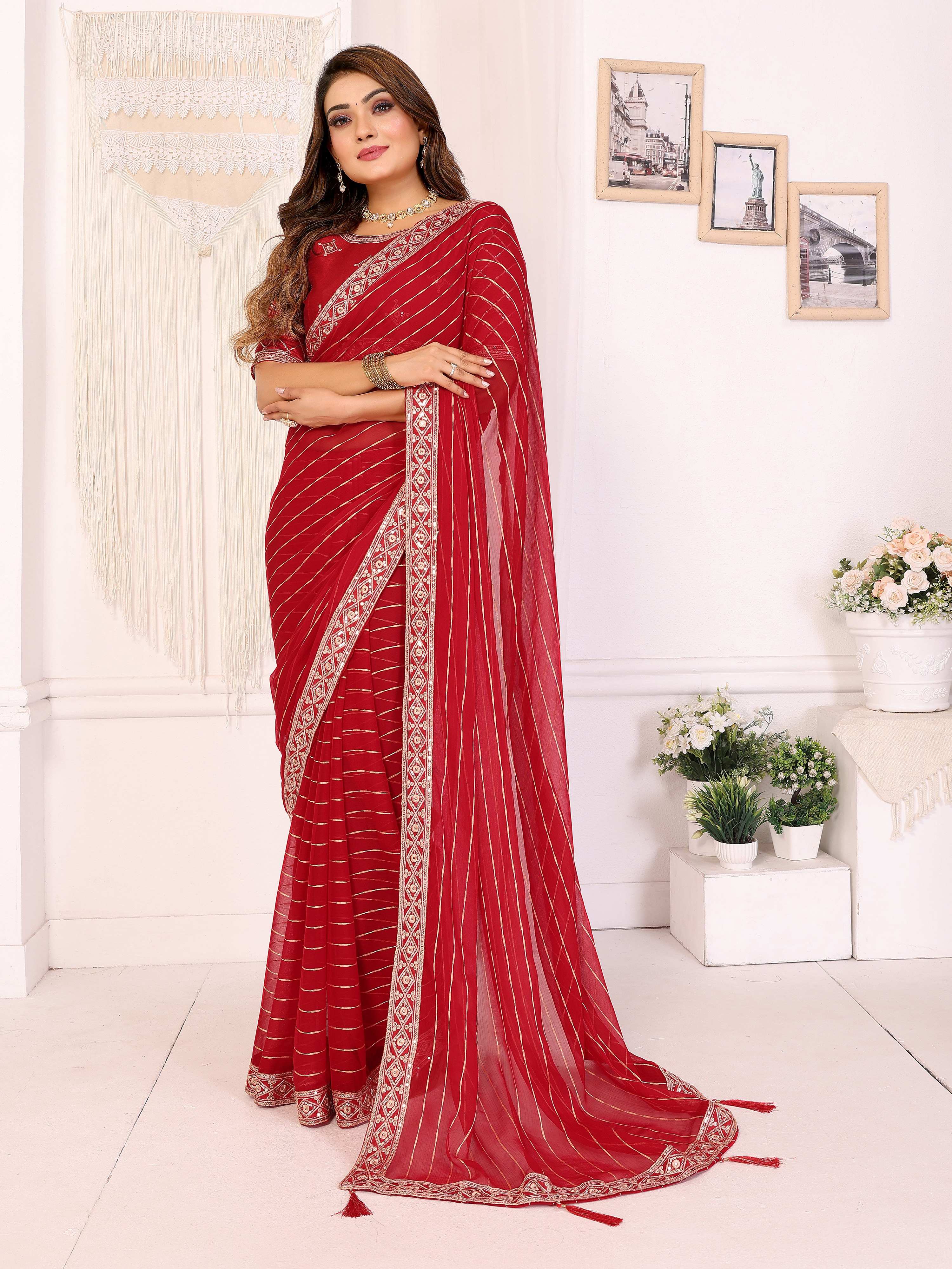Vedant Vastram Georgette Embroidered & Sequin work Bollywood Fancy Saree - Red