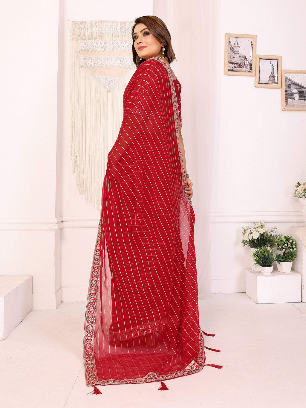 Vedant Vastram Georgette Embroidered & Sequin work Bollywood Fancy Saree - Red