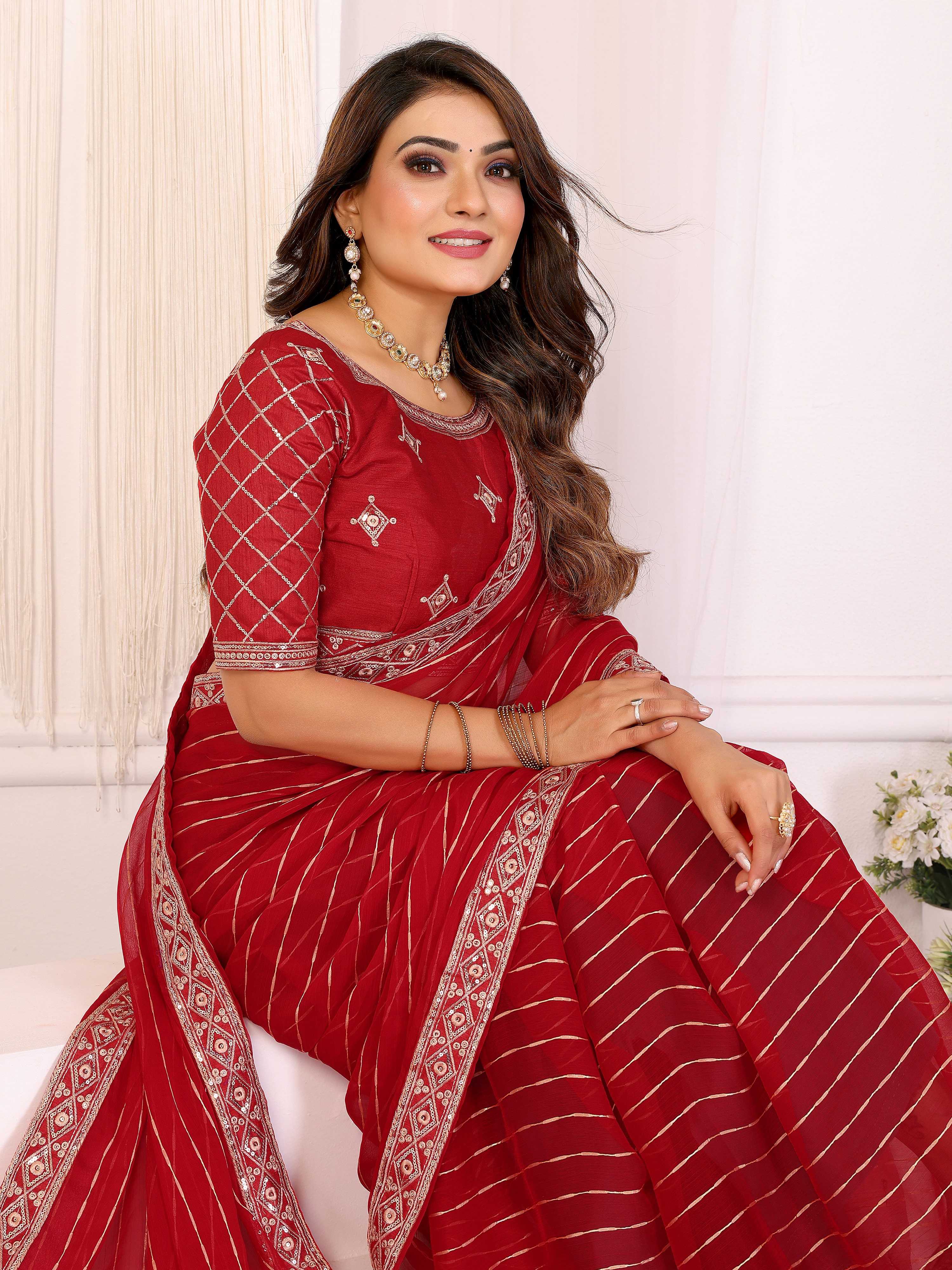 Vedant Vastram Georgette Embroidered & Sequin work Bollywood Fancy Saree - Red