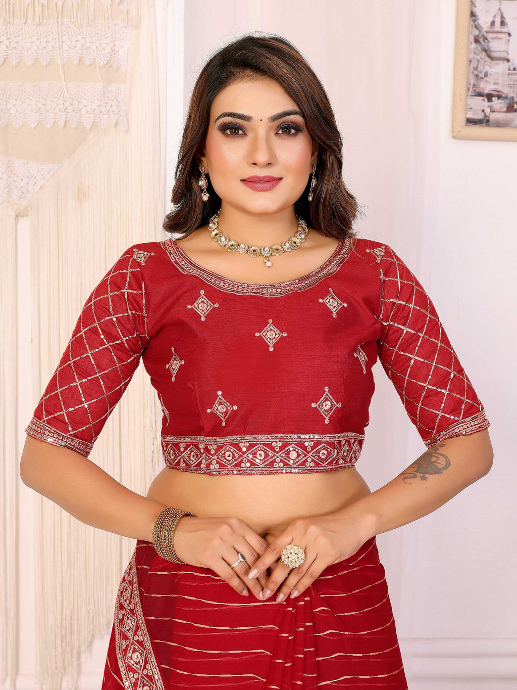 Vedant Vastram Georgette Embroidered & Sequin work Bollywood Fancy Saree - Red
