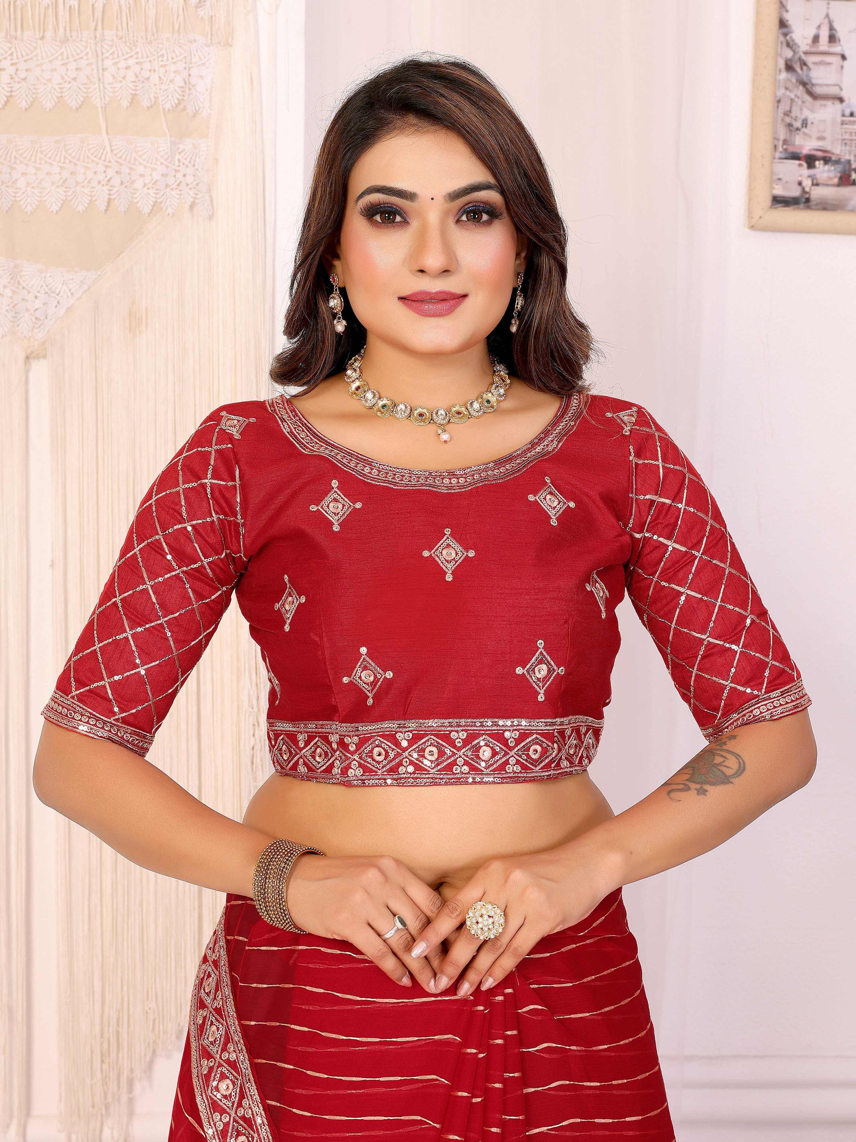 Vedant Vastram Georgette Embroidered & Sequin work Bollywood Fancy Saree - Red