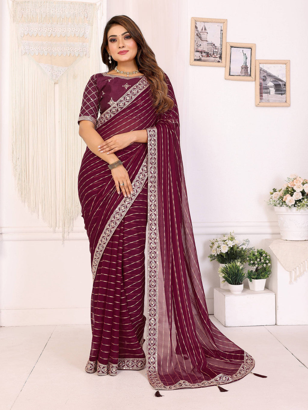 Vedant Vastram Georgette Embroidered & Sequin work Bollywood Fancy Saree - Wine