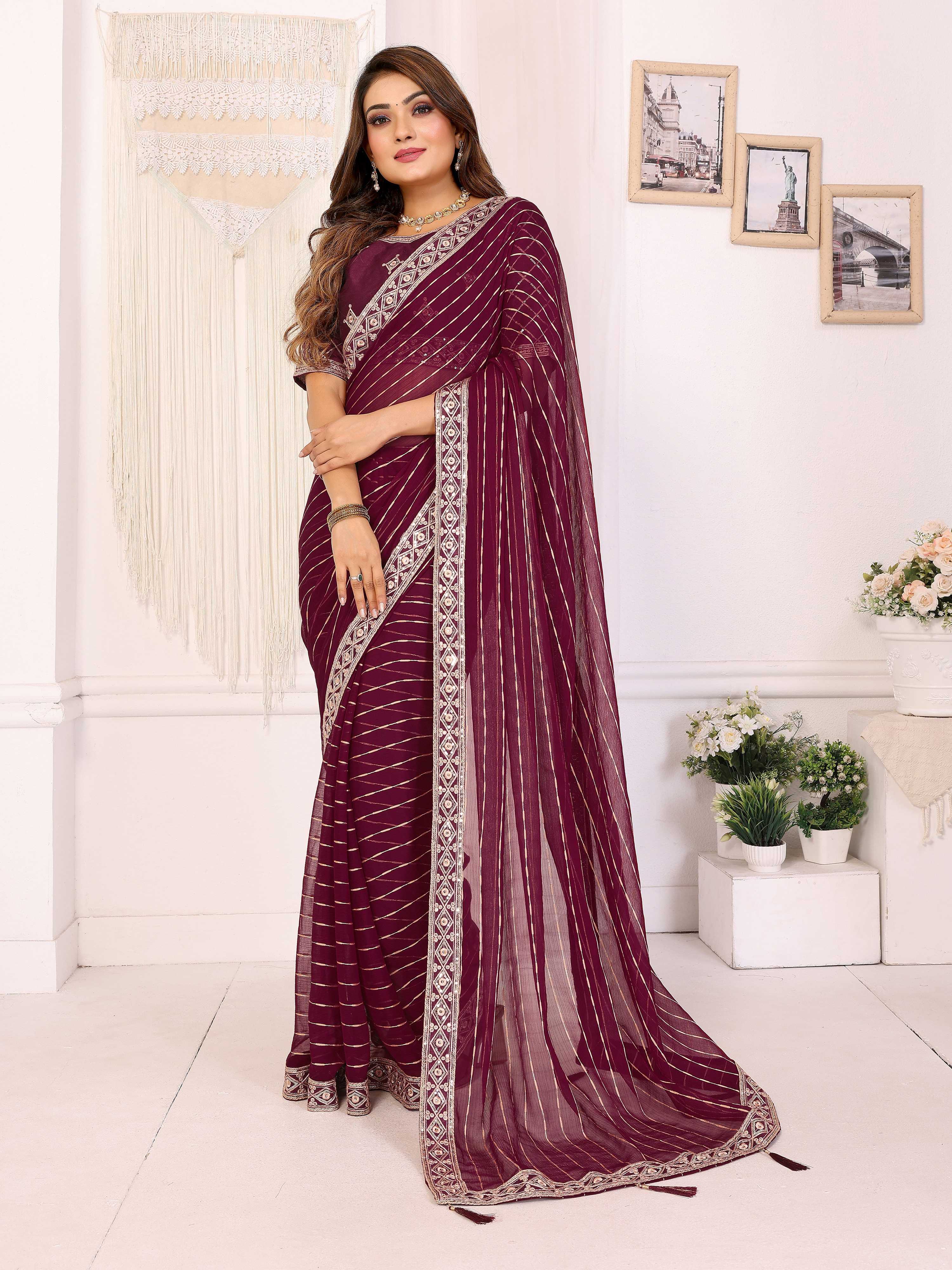 Vedant Vastram Georgette Embroidered & Sequin work Bollywood Fancy Saree - Wine