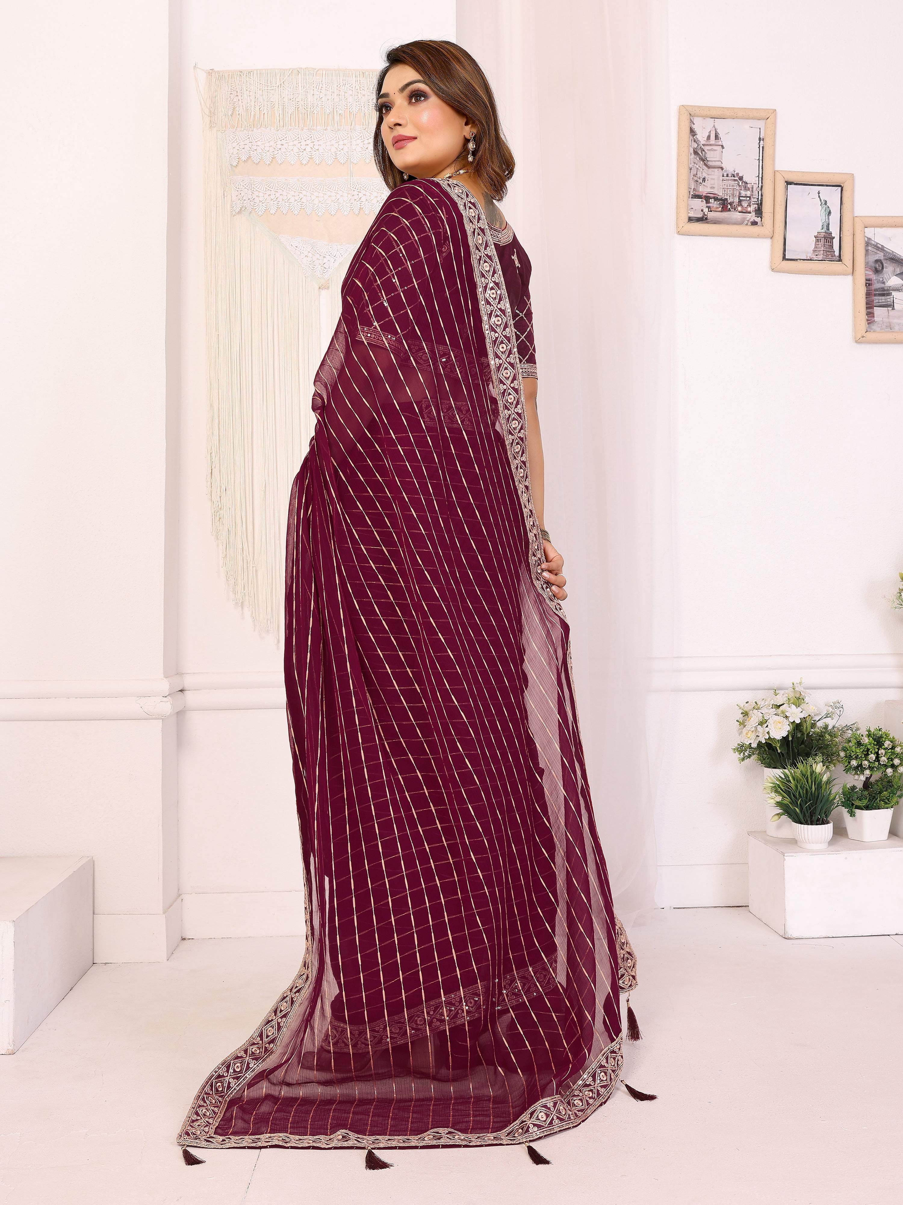 Vedant Vastram Georgette Embroidered & Sequin work Bollywood Fancy Saree - Wine