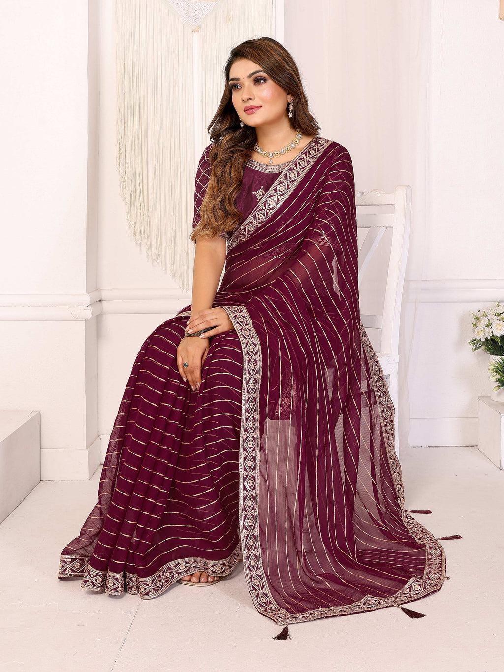 Vedant Vastram Georgette Embroidered & Sequin work Bollywood Fancy Saree - Wine