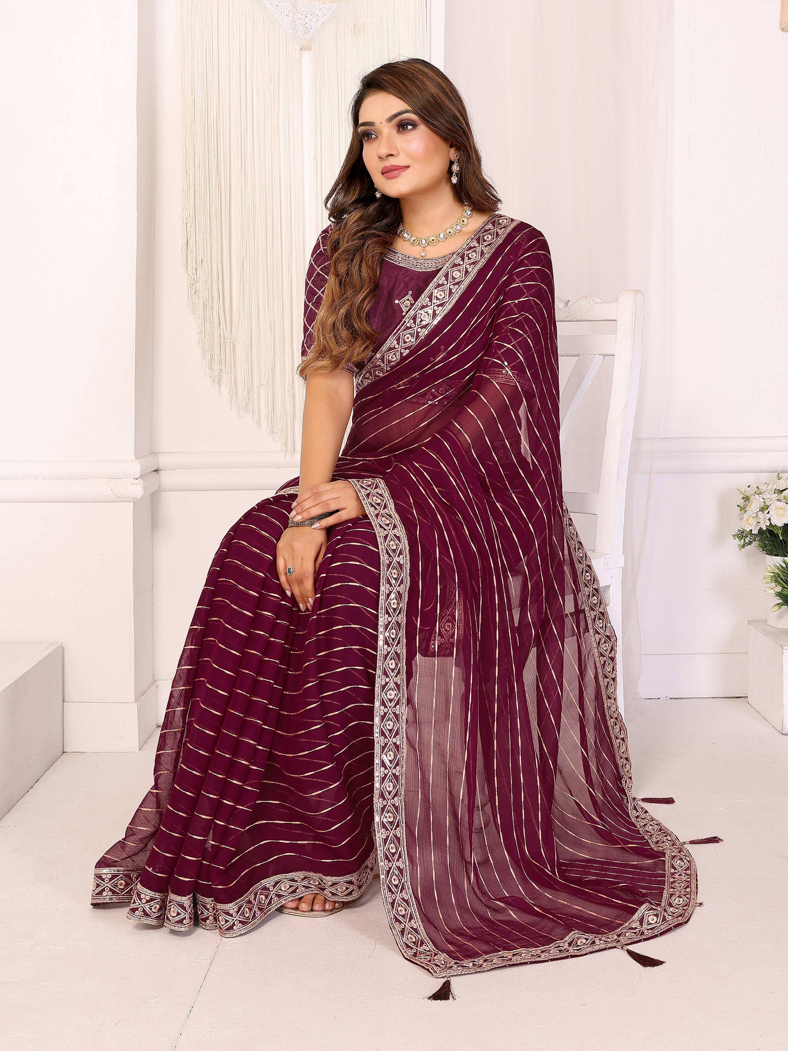 Vedant Vastram Georgette Embroidered & Sequin work Bollywood Fancy Saree - Wine