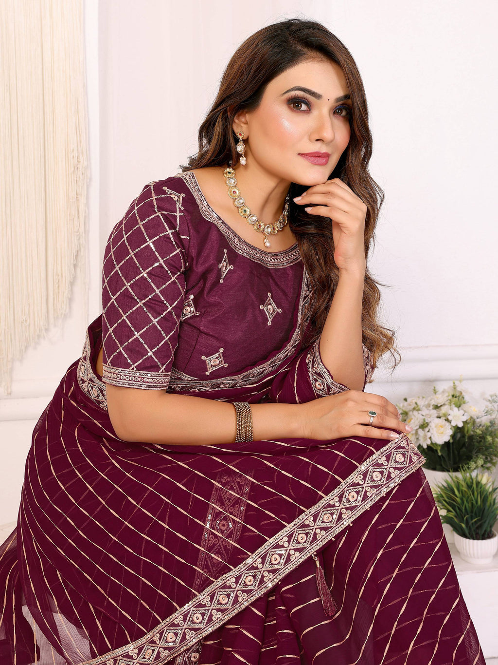 Vedant Vastram Georgette Embroidered & Sequin work Bollywood Fancy Saree - Wine