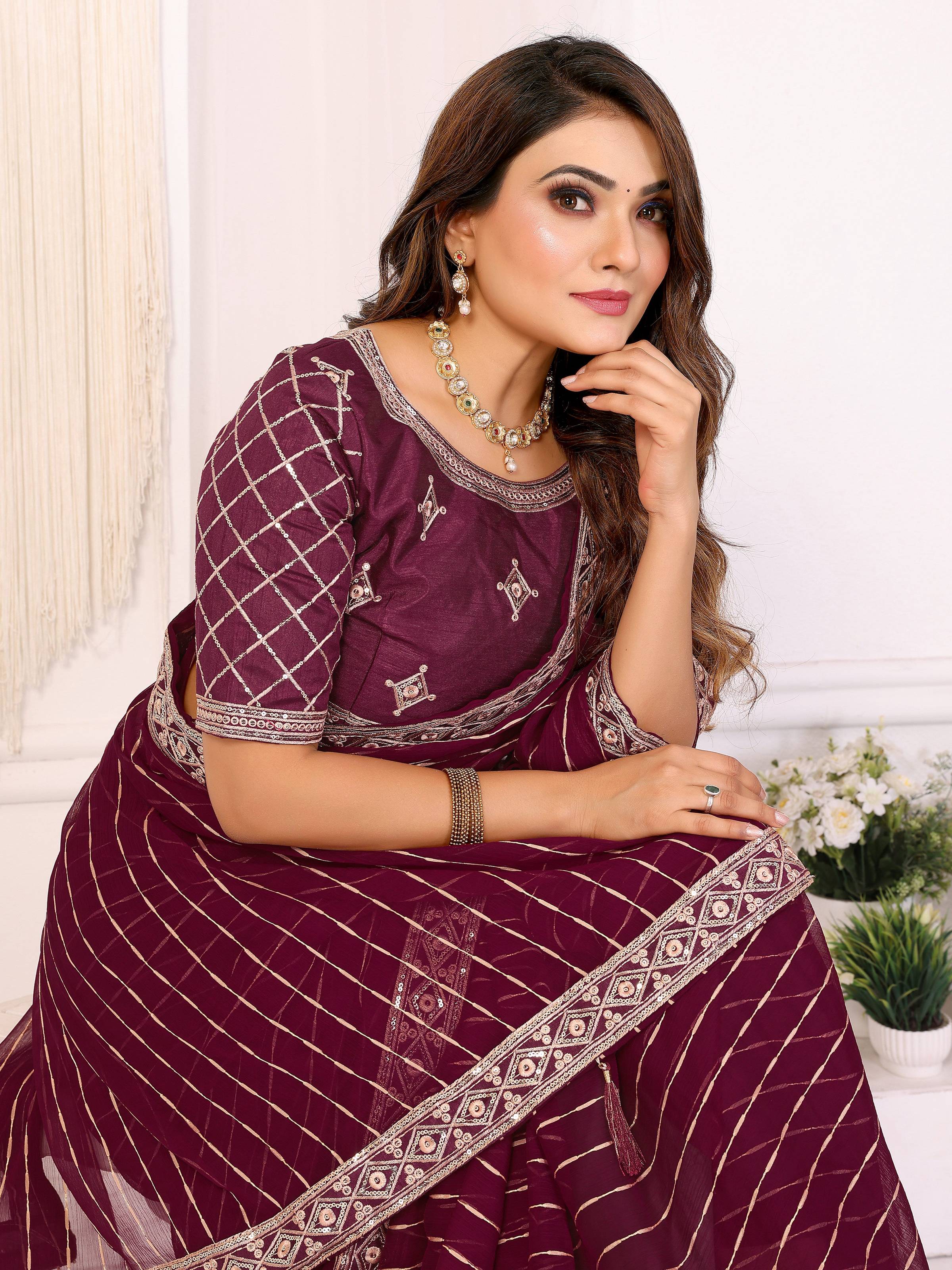 Vedant Vastram Georgette Embroidered & Sequin work Bollywood Fancy Saree - Wine