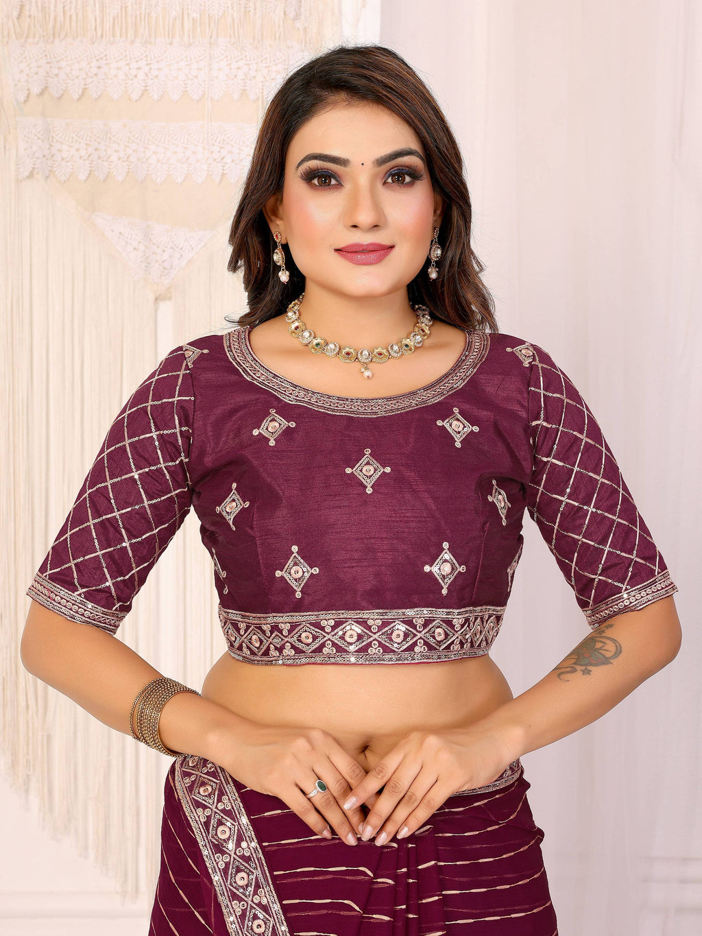 Vedant Vastram Georgette Embroidered & Sequin work Bollywood Fancy Saree - Wine
