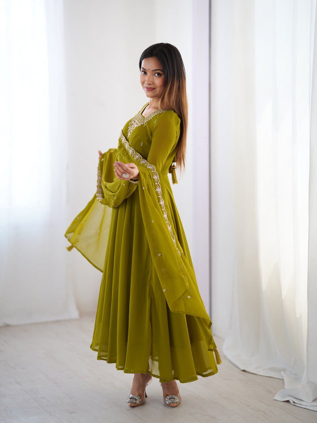 Lorenvalley Mahendi Faux Georgette Fancy Embroidery Beads And Jari Work Anarkali Kurta Palazzo With Dupatta Set