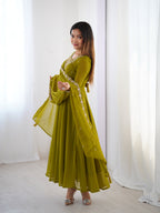 Lorenvalley Mahendi Faux Georgette Fancy Embroidery Beads And Jari Work Anarkali Kurta Palazzo With Dupatta Set