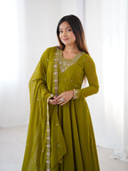 Lorenvalley Mahendi Faux Georgette Fancy Embroidery Beads And Jari Work Anarkali Kurta Palazzo With Dupatta Set