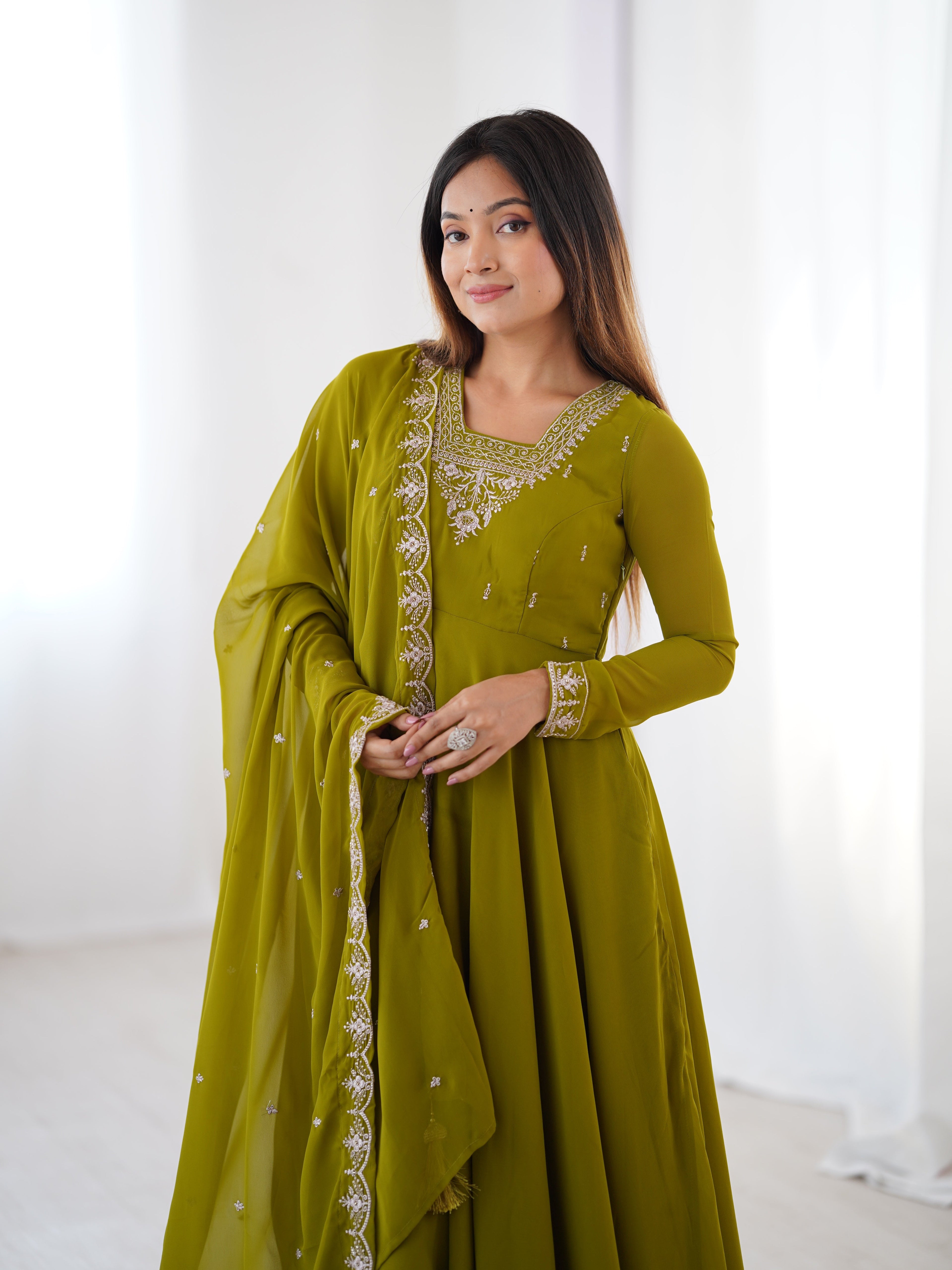 Lorenvalley Mahendi Faux Georgette Fancy Embroidery Beads And Jari Work Anarkali Kurta Palazzo With Dupatta Set