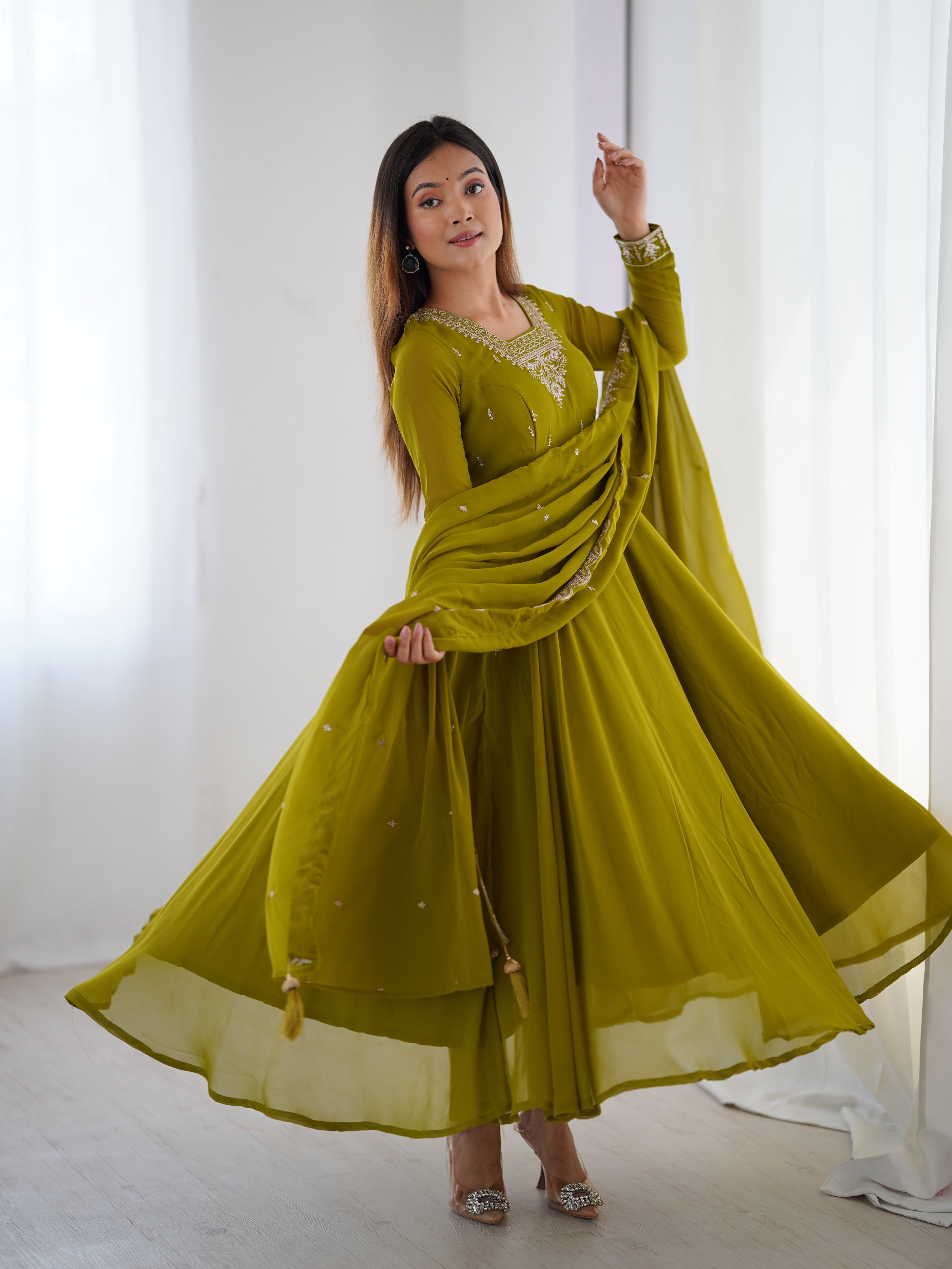 Lorenvalley Mahendi Faux Georgette Fancy Embroidery Beads And Jari Work Anarkali Kurta Palazzo With Dupatta Set