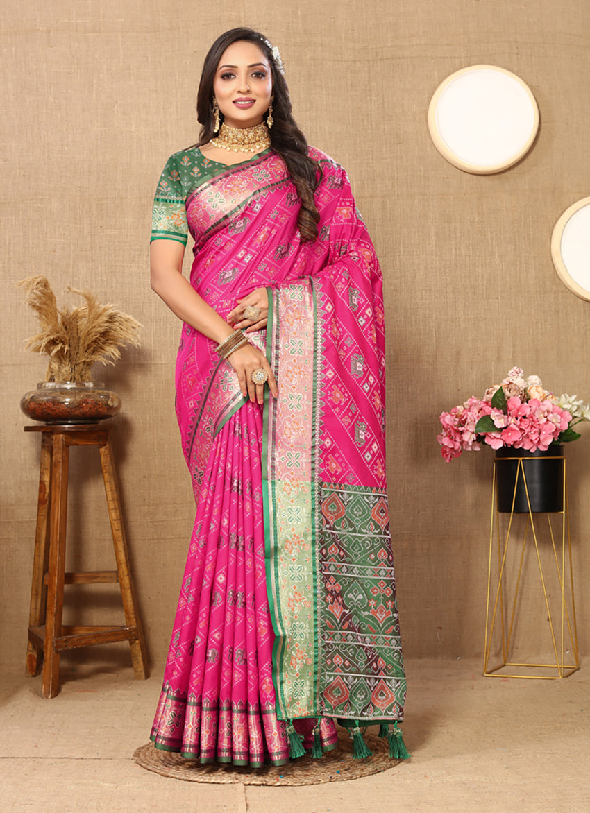 Lorenvalley Fashion Magenta Patola Silk Woven Design with Zari Meenakari Weaving motifs Pallu Saree