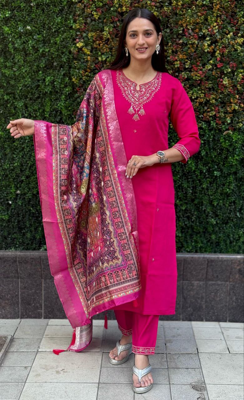 Lorenvalley Fashion Magenta Roman Silk Embroidery Multi Work Kurta Pant with Dupatta - Distacart