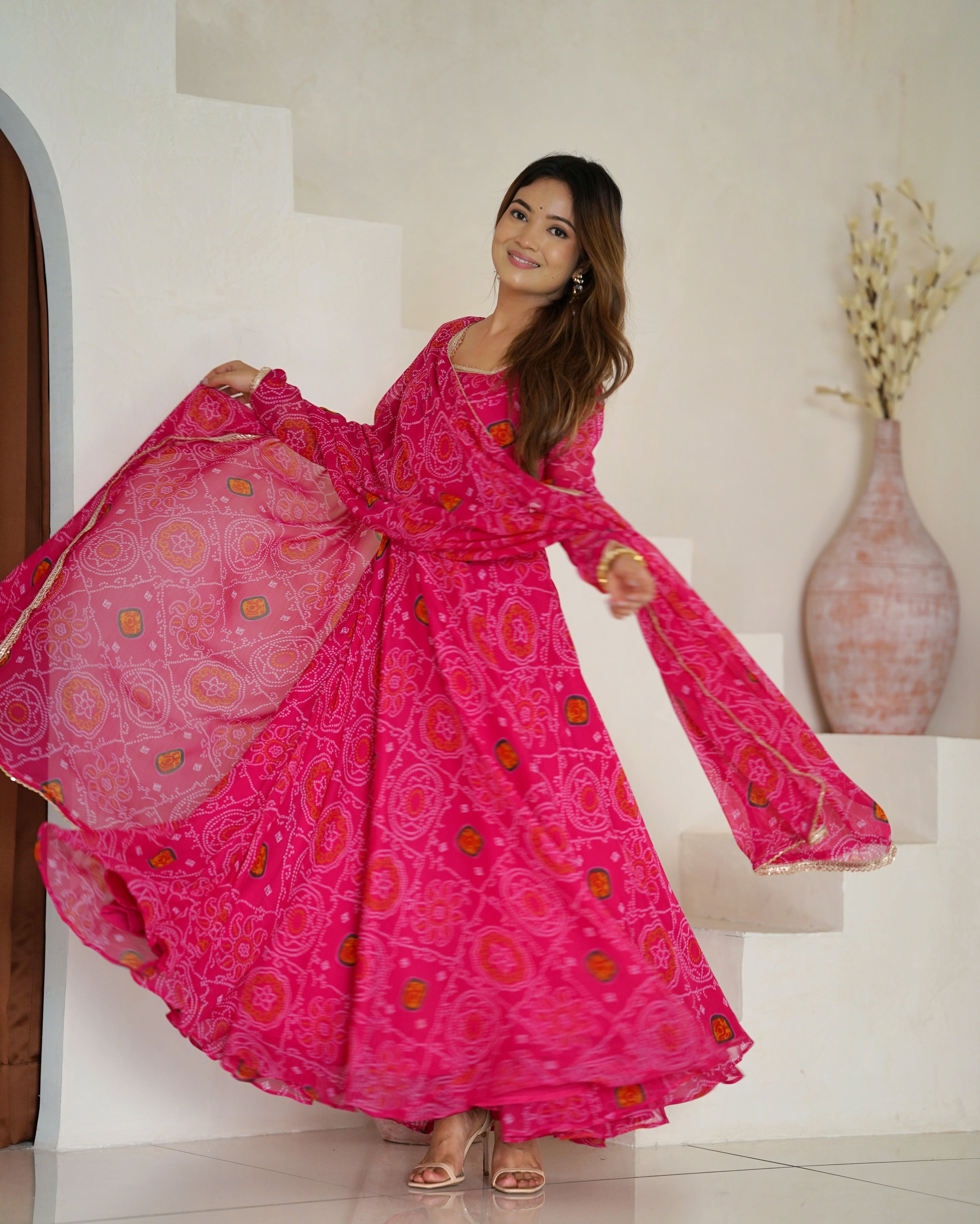 Lorenvalley Women Soft Lightweight Chiffon Bandhej Print Fabric Anarkali Kurta Pant With Dupatta Set