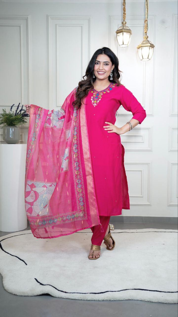 Lorenvalley Fashion Magenta Roman Silk Hand Work Kurta Pant with Dupatta - Distacart