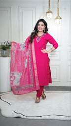 Lorenvalley Fashion Magenta Roman Silk Hand Work Kurta Pant with Dupatta - Distacart