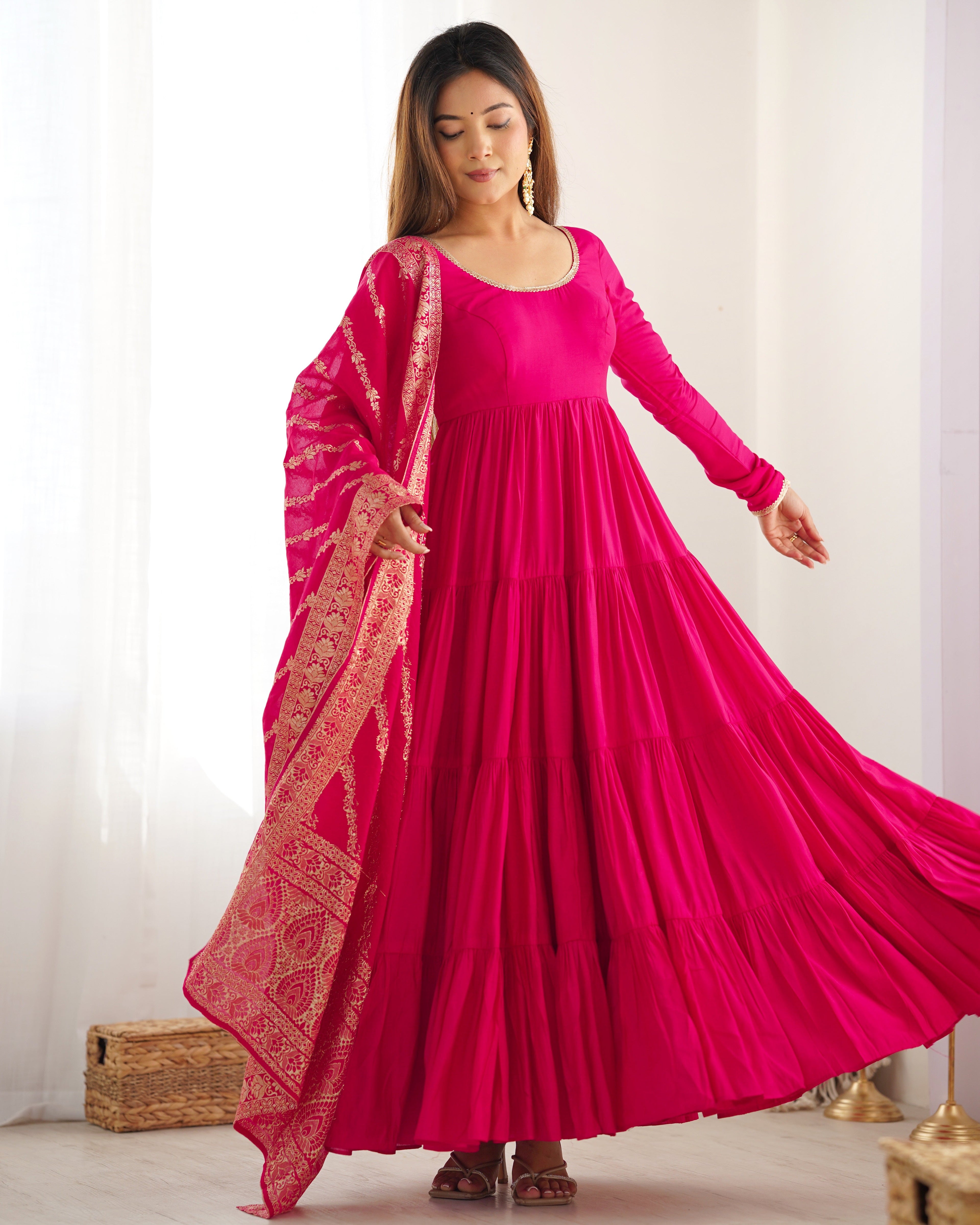 Lorenvalley Women Pure Roman silk Chanderi Fabric Layer Gathering Anarkali Kurta Pant With Dupatta Set - Magenta