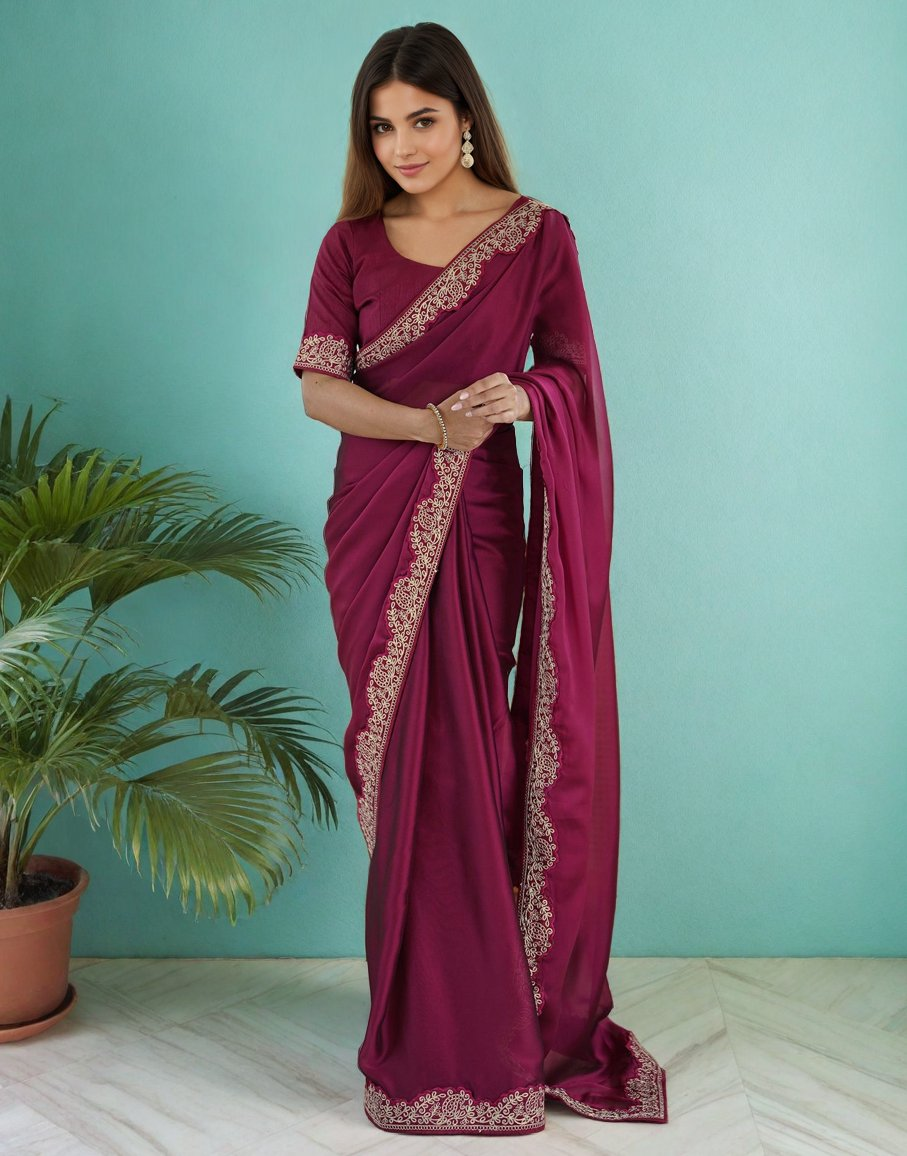 Lorenvalley Fashion Dark Magenta Rangoli Silk with Coding Lace Work Saree with Blouse - Distacart
