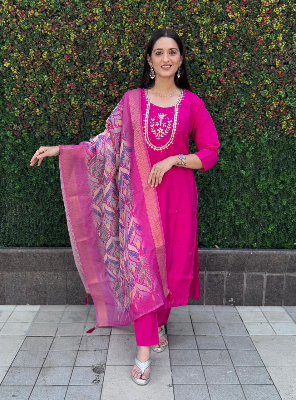 Lorenvalley Fashion Magenta Roman Silk Hand Work Kurta Pant with Dupatta - Distacart