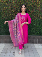 Lorenvalley Fashion Magenta Roman Silk Hand Work Kurta Pant with Dupatta - Distacart