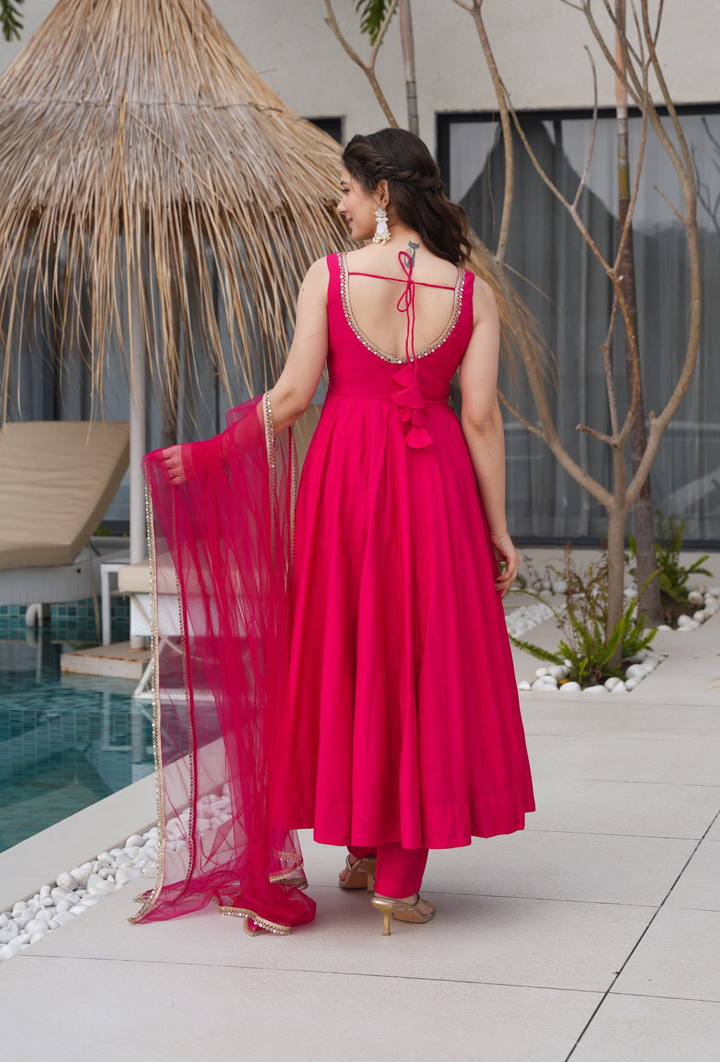 Lorenvalley Magenta Pure Romansilk Chanderi Fabric Yoke Fancy Lace Work Anarkali Kurta Pant With Dupatta Set