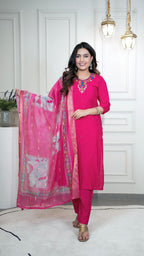 Lorenvalley Fashion Magenta Roman Silk Hand Work Kurta Pant with Dupatta - Distacart