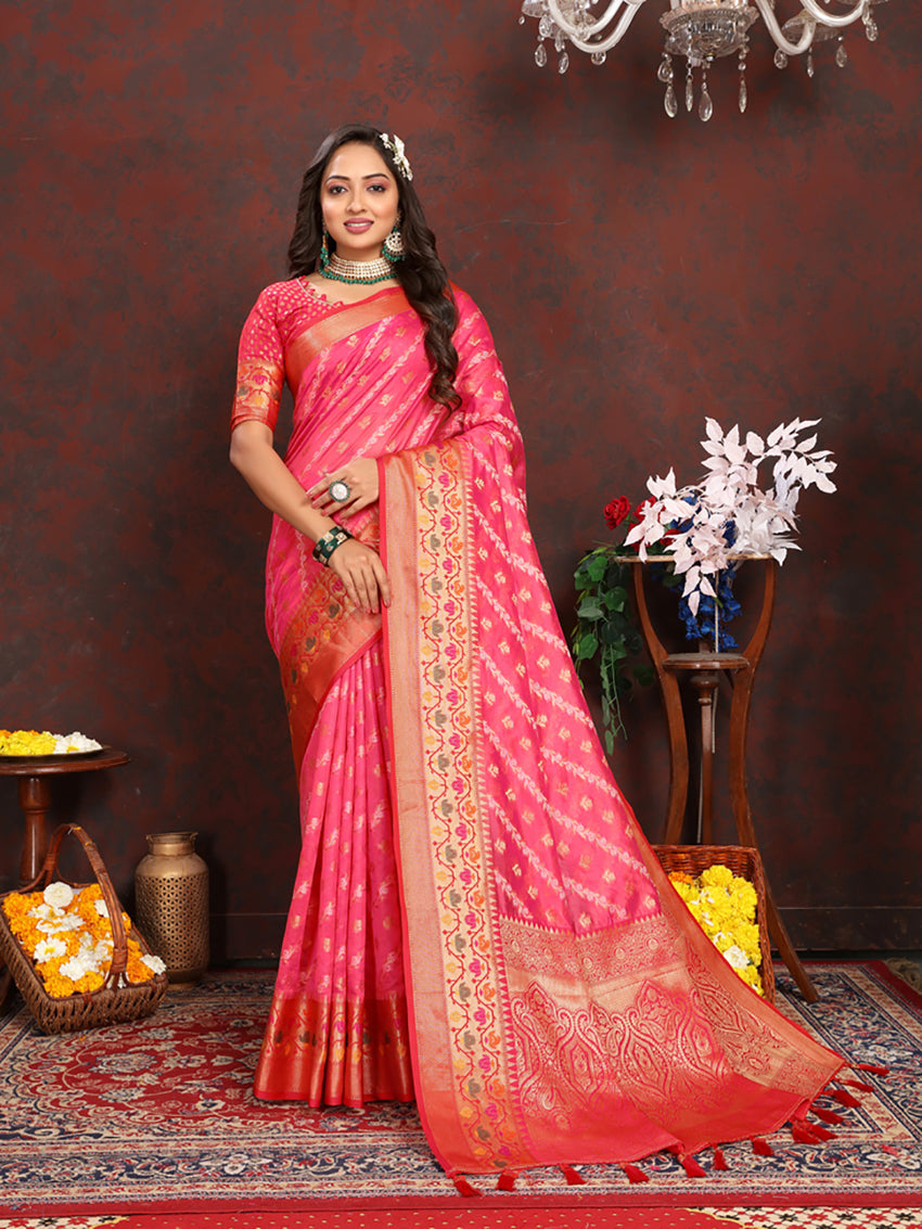 Lorenvalley Fashion Magenta Organza Silk Woven Design with Rich Meenakari Weaving Pallu Saree