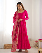 Lorenvalley Women Pure Roman silk Chanderi Fabric Layer Gathering Anarkali Kurta Pant With Dupatta Set - Magenta