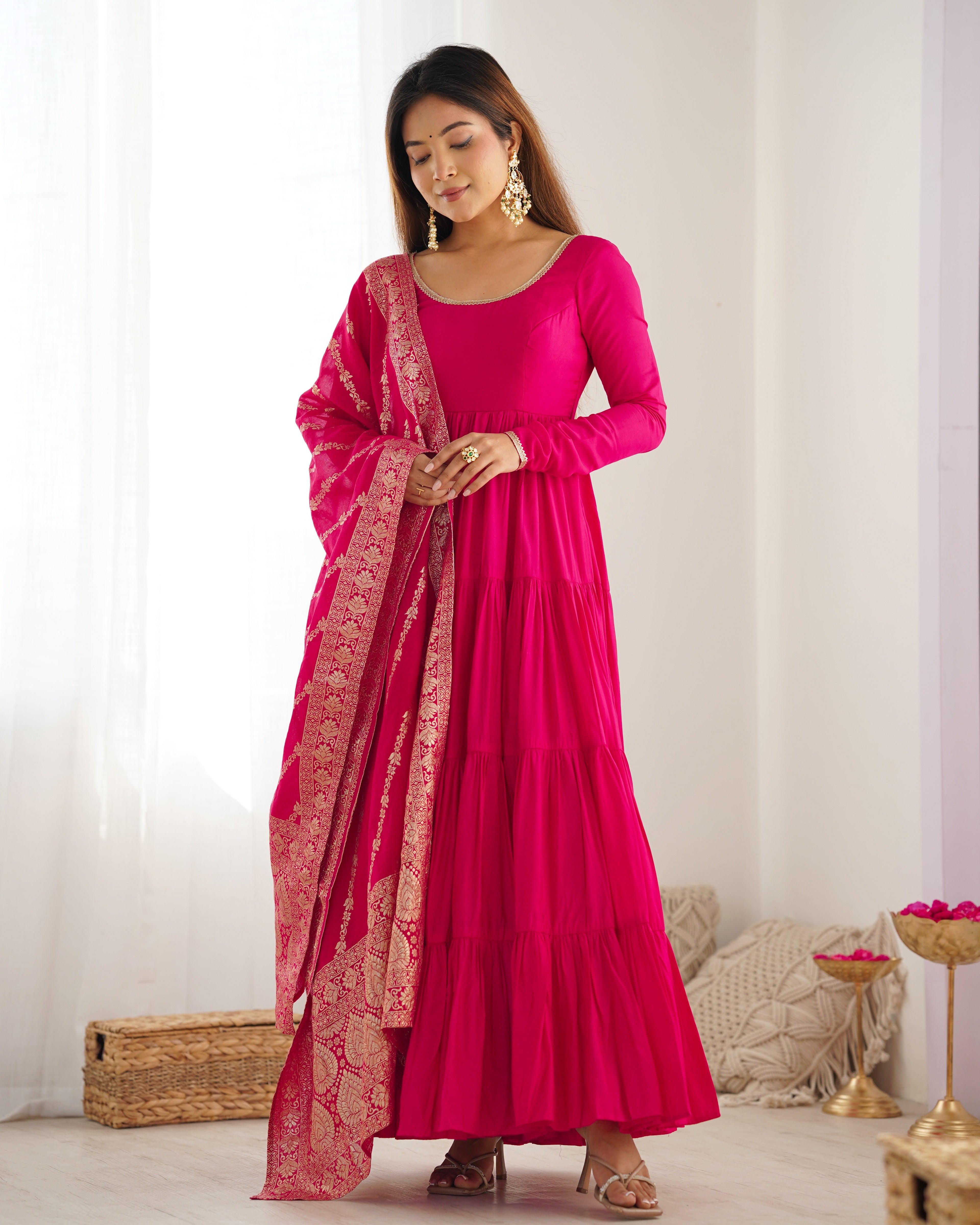 Lorenvalley Women Pure Roman silk Chanderi Fabric Layer Gathering Anarkali Kurta Pant With Dupatta Set - Magenta