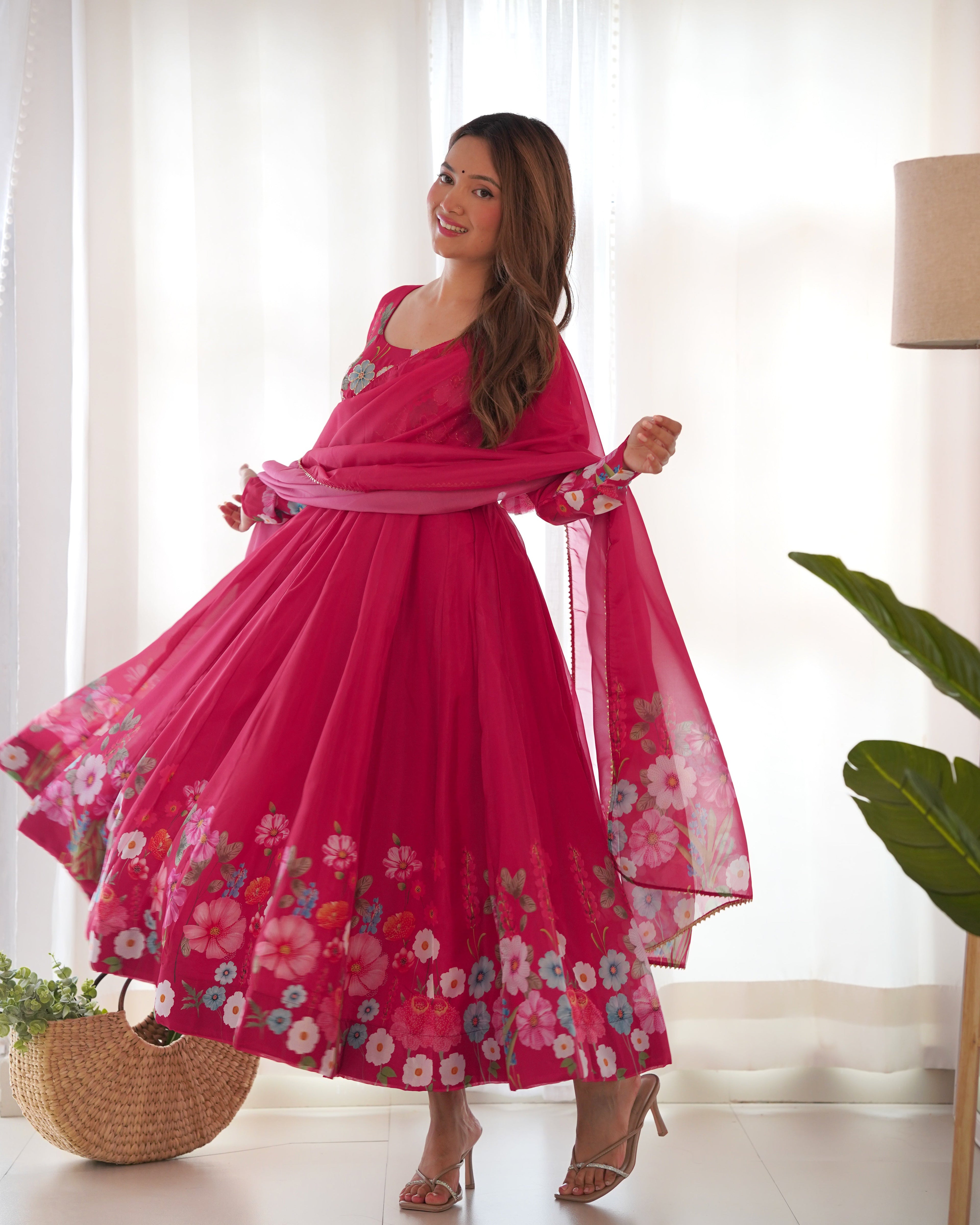 Lorenvalley Parrot Soft Organza Silk With Floral Print Fully Flared Anarkali Pant With Dupatta Set - Magenta