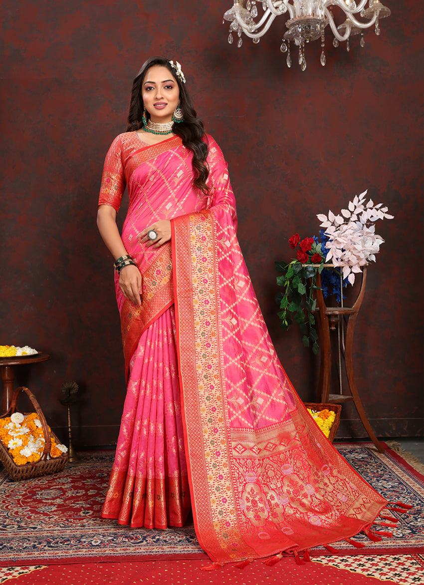 Lorenvalley Fashion Magenta Organza Silk Woven Design with Rich Meenakari Weaving Pallu Saree